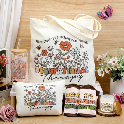 Funnymoom 6 Pcs Occupational Therapy Appreciation Gifts for Women Thank You OT with17 oz Glass Cup Canvas Tote Makeup Bag Valentine's Day Birthday Gifts Set for Occupational Therapist
