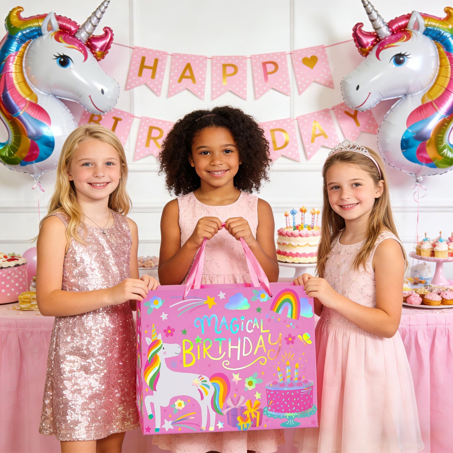 WRAPAHOLIC 13" Large Unicorn Birthday Gift Bag with Card and Tissue Paper - Rainbow Foil Unicorn Paper Bags for Baby Girl Shower and Birthday