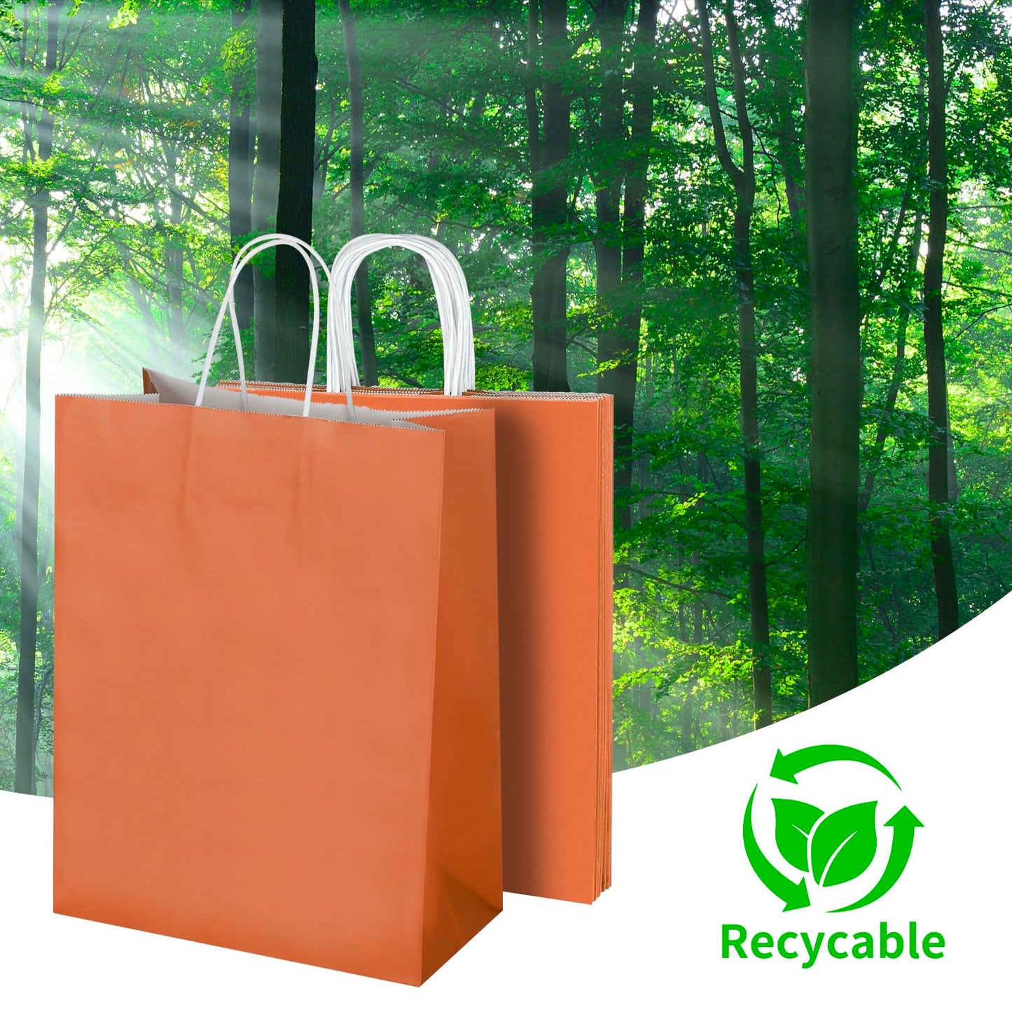 Oikss 50 Pack 10x5x13 Orange Kraft Paper Bags with Handles Bulk for Birthday Party Favors Grocery Retail Shopping Business Goody Recycled Craft Gift Bags (Large Size, 50 Count)