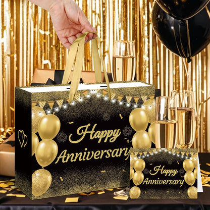 GOLDCROW Black Gold Anniversary Party Gift Bag with Tissue Papers and Card, Large Wedding Anniversary Paper Gift Wrapping Paper Bag for Men Women Anniversary Party, Wedding Party Supplies