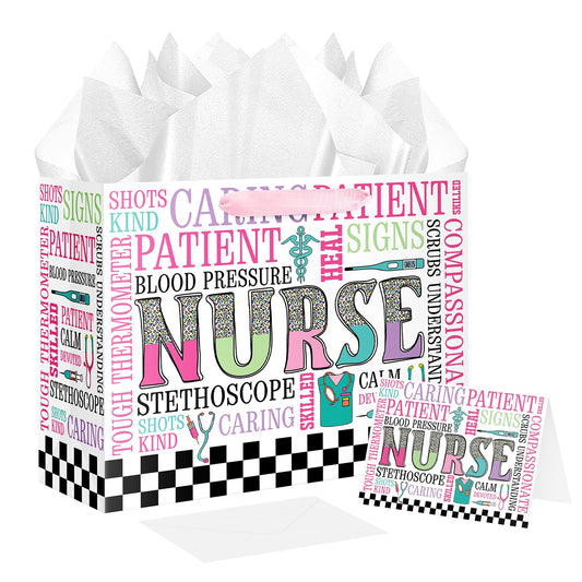 JWSCYSY Nurse Graduation Gift Bag with Card and Tissue Paper, Large Nurse Gift Bag for Nurses Day, Medical School Graduates Healthcare Workers.