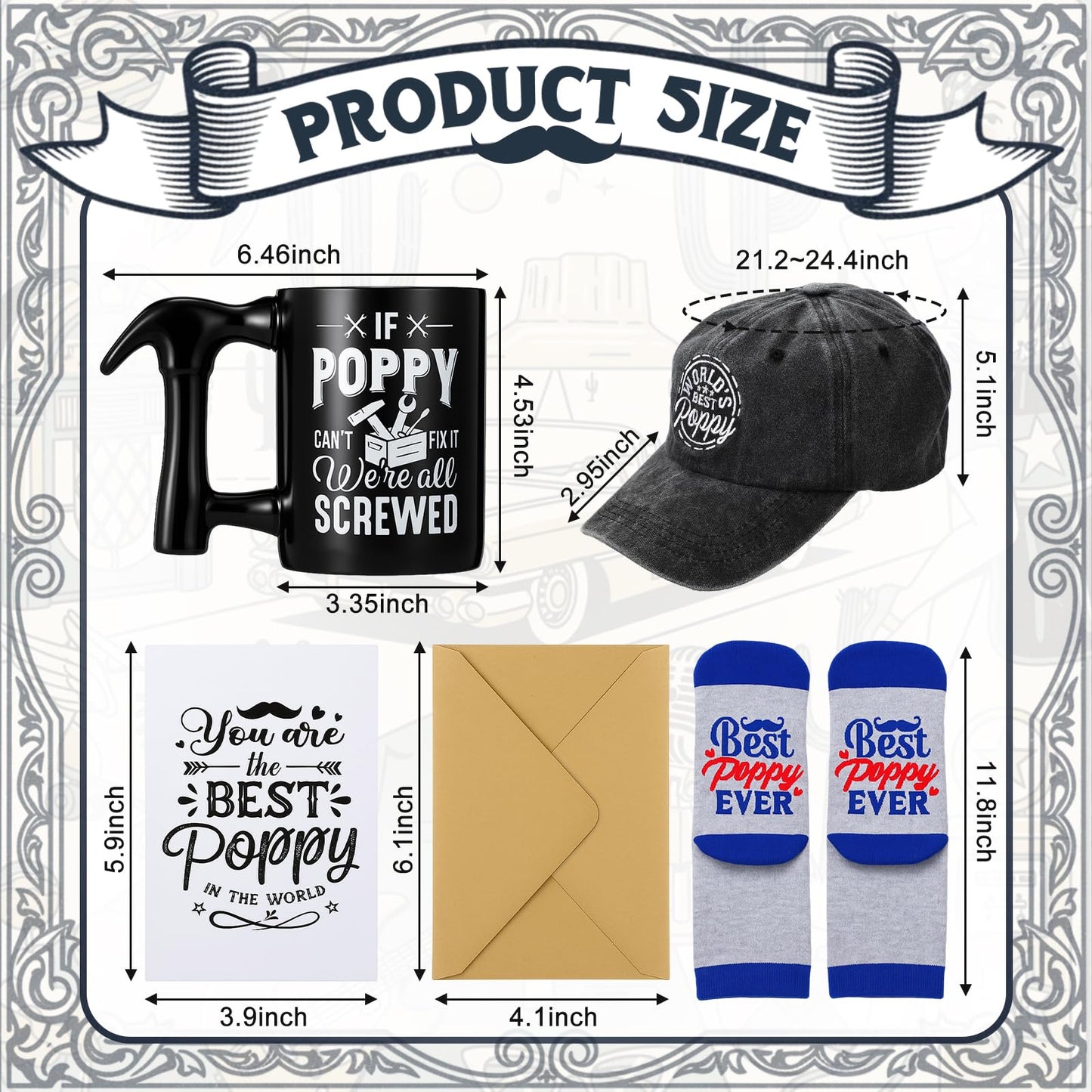 Bonuci 5 Pcs Poppy Gifts Set for Father's Day Christmas Include World's Best Poppy Embroidered Cap Crew Socks Coffee Mug with Hammer Handle Cards with Envelope Gifts Ideas for Father Dad Grandpa