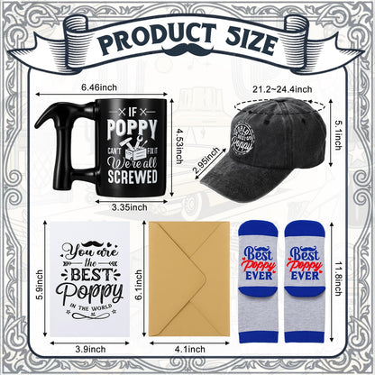 Bonuci 5 Pcs Poppy Gifts Set for Father's Day Christmas Include World's Best Poppy Embroidered Cap Crew Socks Coffee Mug with Hammer Handle Cards with Envelope Gifts Ideas for Father Dad Grandpa