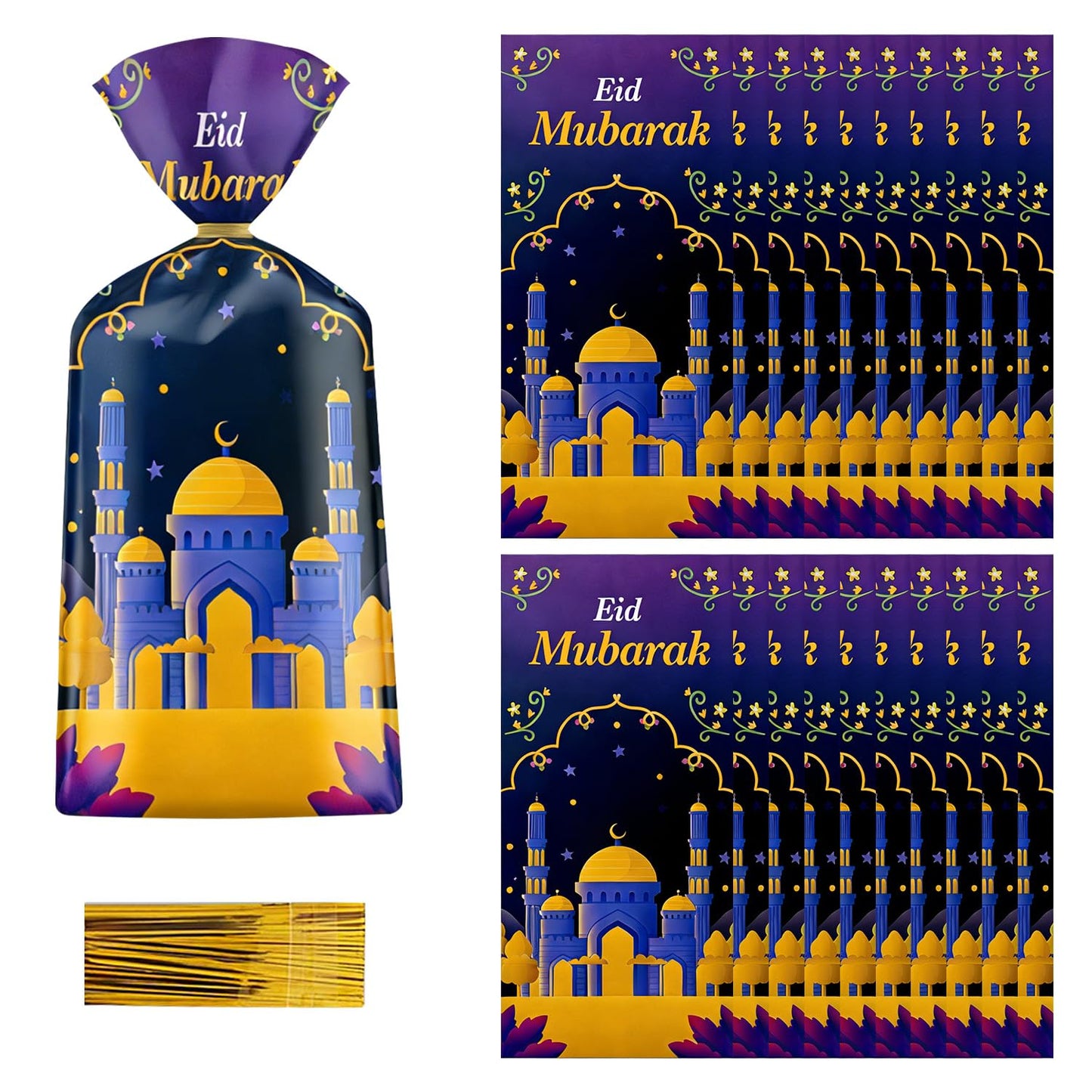 100 Pcs Eid Mubarak Cellophane Bags 4 Styles Ramadan Cello Bag Moon Star Castle Candy Bags with Twist Ties Multi-Color Treat Gift Bag for Goodies Ramadan Festival Party Favor