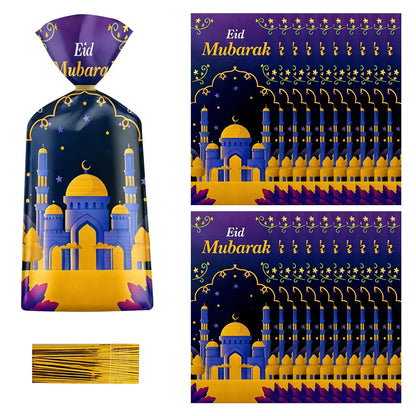 100 Pcs Eid Mubarak Cellophane Bags 4 Styles Ramadan Cello Bag Moon Star Castle Candy Bags with Twist Ties Multi-Color Treat Gift Bag for Goodies Ramadan Festival Party Favor