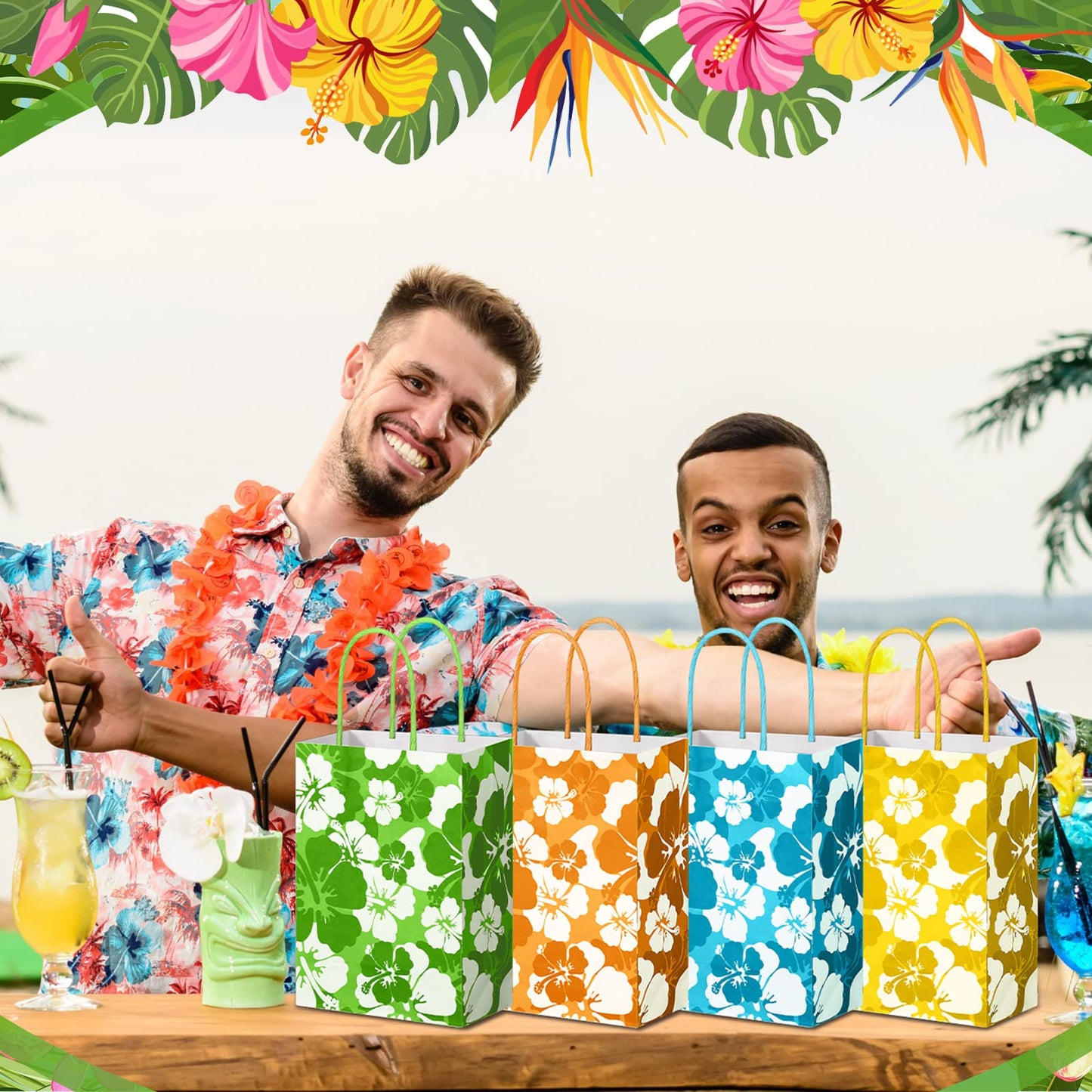 Teling 24 Pcs Hibiscus Party Favor Hawaiian Themed Paper Bags with Handles Summer Tropical Gift Tiki Luau Treat Hawaii Goodie Bags Kids Birthday Party Supplies Multicolor 8.3 x 6 x 3