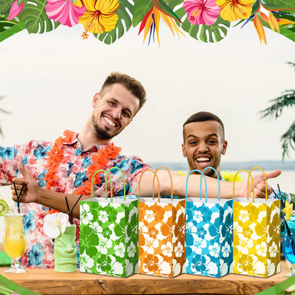 Teling 24 Pcs Hibiscus Party Favor Hawaiian Themed Paper Bags with Handles Summer Tropical Gift Tiki Luau Treat Hawaii Goodie Bags Kids Birthday Party Supplies Multicolor 8.3 x 6 x 3