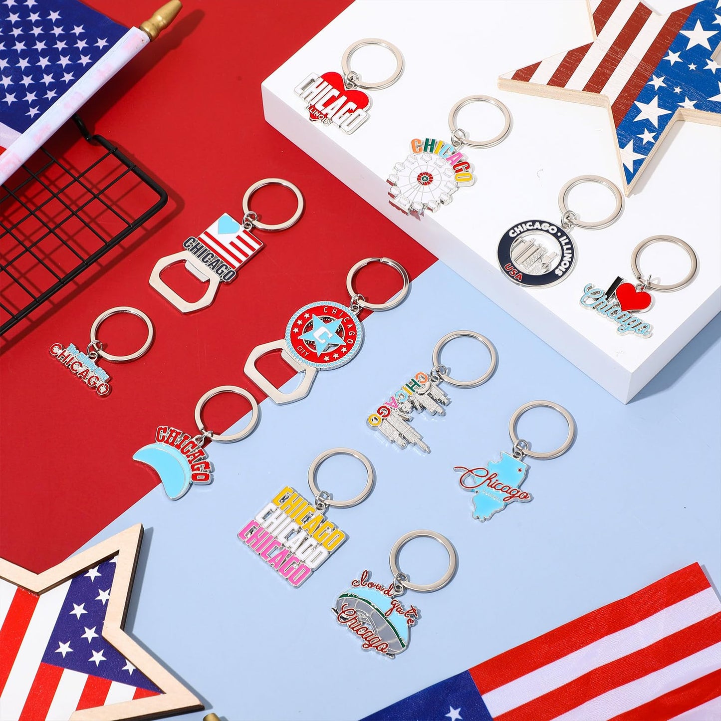 Landical 12 Pcs Chicago Keychains Souvenir Bulk Bottle Opener Keyring Chicago Theme Gifts City Keychains Women Travel Gifts