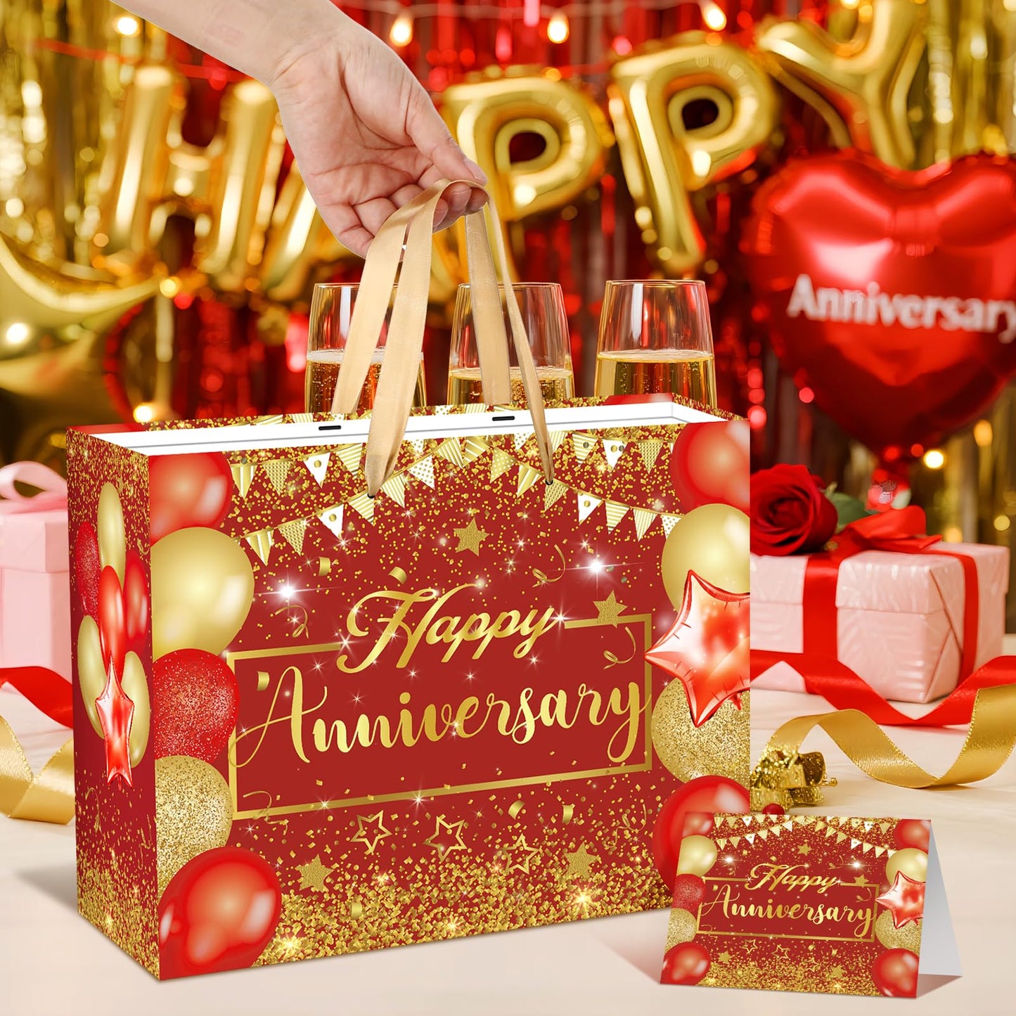 Red Anniversary Party Gift Bag with Tissue Papers and Card, 11.8'' Red Gold Wedding Anniversary Paper Gift Wrapping Bag for Women Men Wedding Party Supplies Gift Bag
