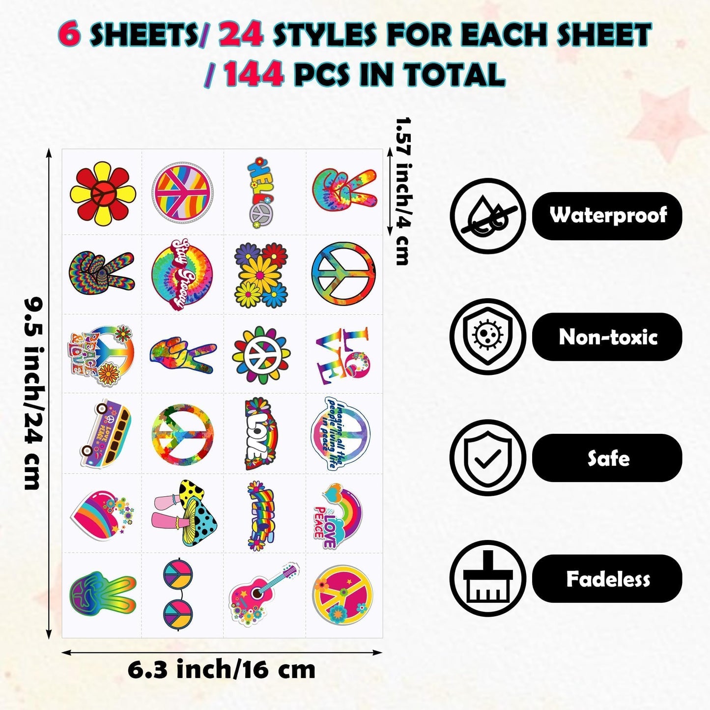 Fovths 144 Pcs Hippie Temporary Tattoos Assorted Groovy Love & Peace Signs Waterproof Stickers for Hippie Themed Parties & Costume Festival Favors