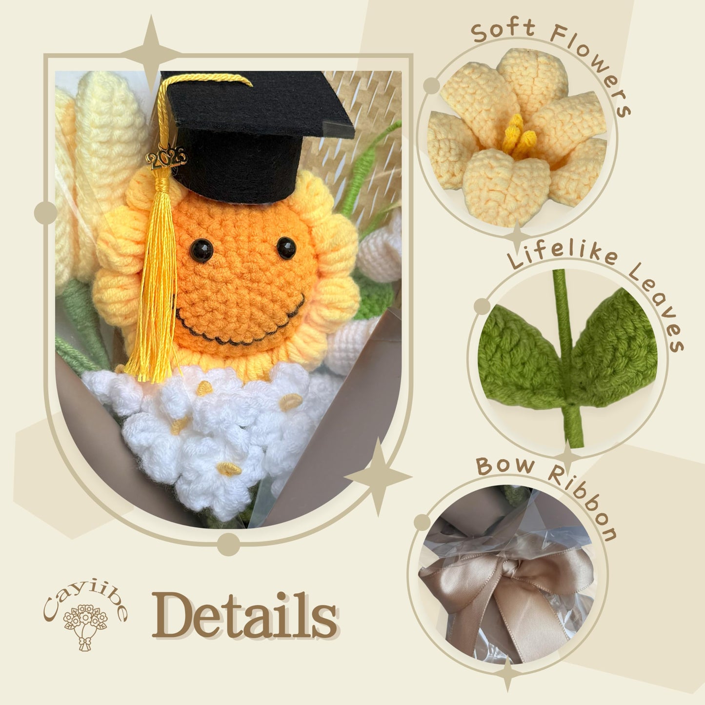 Graduation Gifts Sunflower Crochet Flowers Bouquet with Greeting Cards Handmade Knitted Artificial Flowers Home Decor