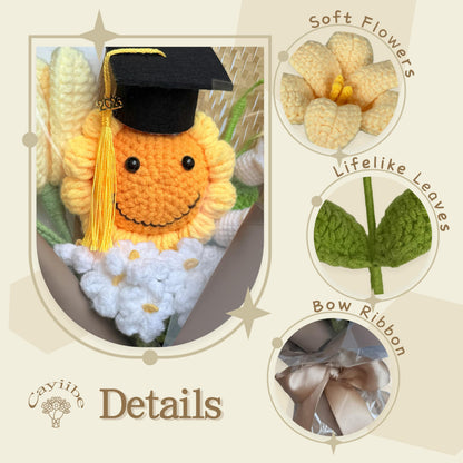 Graduation Gifts Sunflower Crochet Flowers Bouquet with Greeting Cards Handmade Knitted Artificial Flowers Home Decor