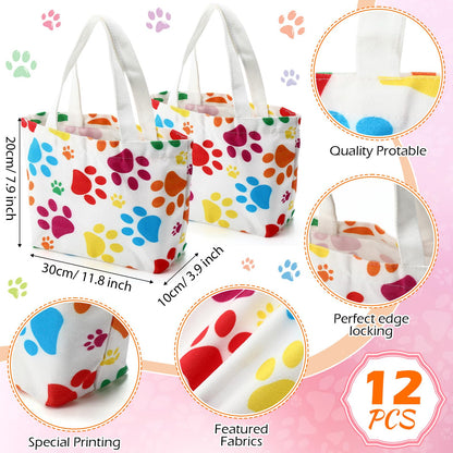 Dansydaisy 12 pcs Dog Paw Print Gift Bags Puppy Canvas Bags Pet Treat Bags 11.8 x 7.9 x 3.9 Inch Reusable Gift Goodie Bags for Puppy Pet Treat Birthday Party Supplies