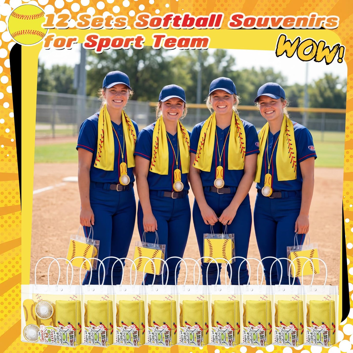 Tujoe 36 Pcs Softball Party Favors 40 x 12 Cooling Workout Towel Mini Portable Handheld Fan with Lanyards Clear Softball Gift Bag with Handles and Stickers for Sport Team Gift, Battery Not Include
