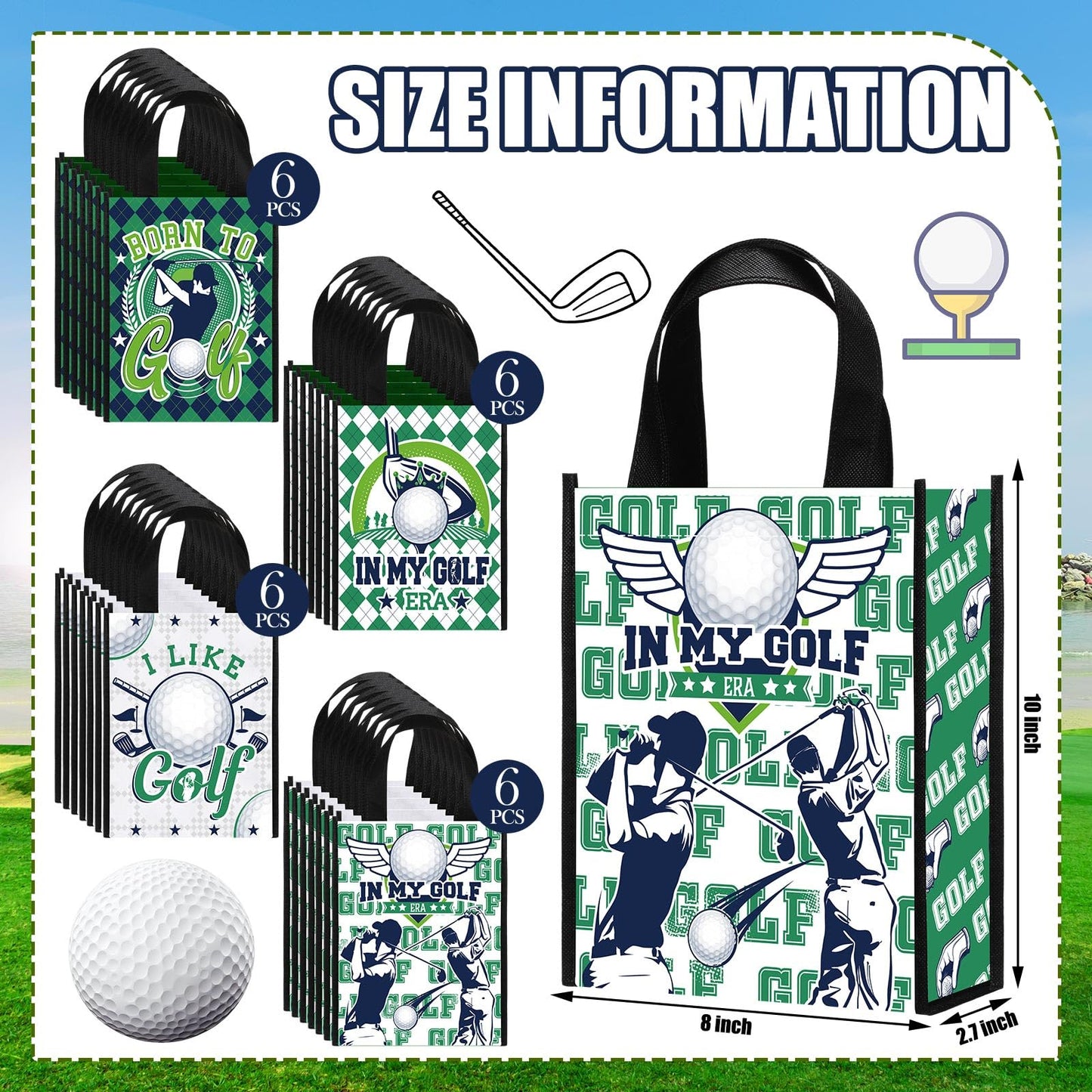 Estune 24 Pcs Golf Party Favor Bags Golf Gift Goodie Bags Treat Candy Non Woven Wrapping with Handles Tote for Sports Birthday Party Supplies Sports Theme Decorations