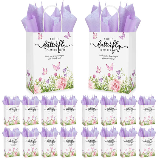 Engrowtic 50 Set Butterfly Baby Shower Party Gift Bags a Little Butterfly Is on Her Way Party Favors Purple Pink Floral Gift Bags with Handles for 50 Guests for Baby Shower Birthday Decorations