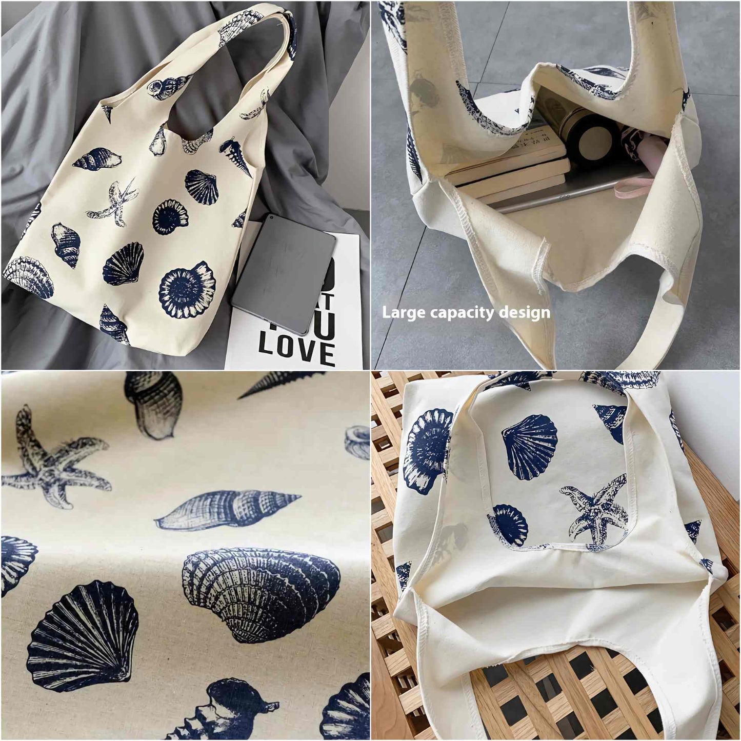 Beach Inspired Canvas Tote Bag For Women, Nautical Seashell And Starfish Print, Casual Shoulder Bag Aesthetic, Cute Small Book Tote, Portable Washable For Women Grocery Shopping Gift For Birthday Day