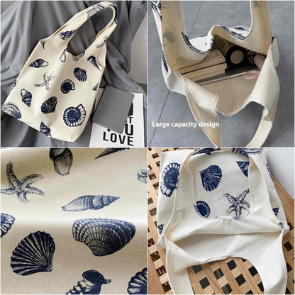 Beach Inspired Canvas Tote Bag For Women, Nautical Seashell And Starfish Print, Casual Shoulder Bag Aesthetic, Cute Small Book Tote, Portable Washable For Women Grocery Shopping Gift For Birthday Day