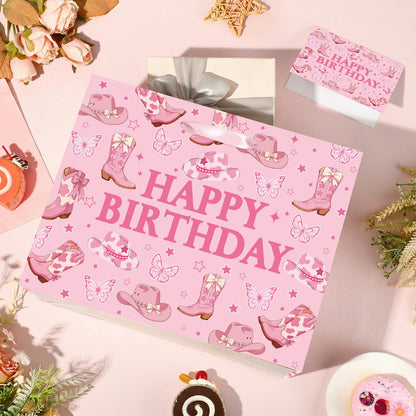 TagreSpike Cowgirl Birthday Gift Bag, Western Bow Happy Birthday Wrapping Bag with Tissue Paper and Card Coquette Bow Boots Treat Bags for Girls Rodeo Birthday Party Supplies - Pink Cow Print Boots