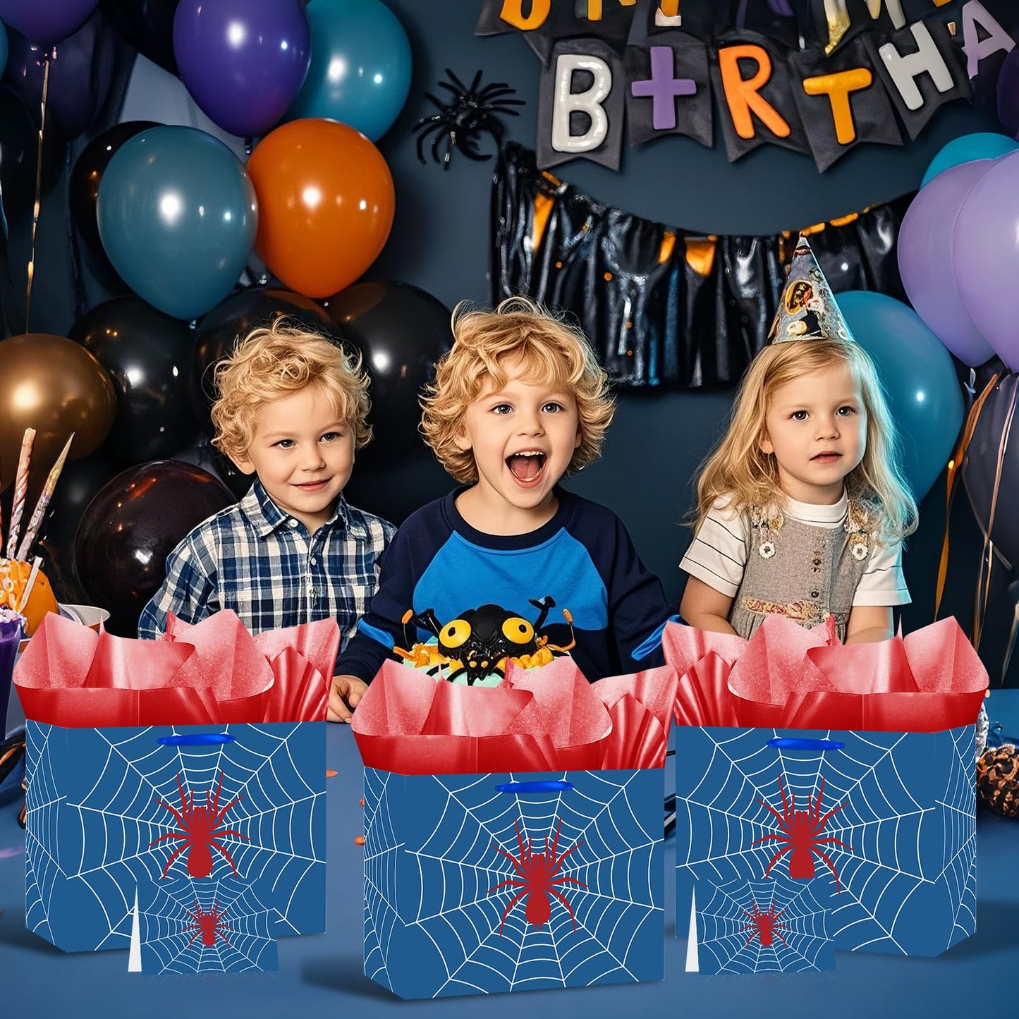 Yomaiha Blue Spider Birthday Gift Bag Spider Party Paper Bags with Handles Tissue Paper and Card Blue Spider Webs Wrapping Bag Spider Party Decorations for Men Girls Boys Birthday Supplies