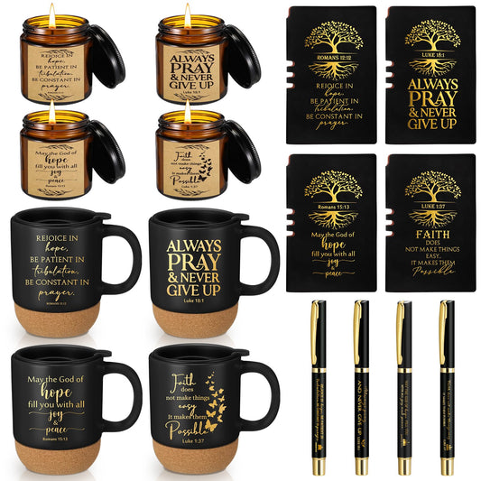FillTouch 16 Pcs Christian Gift Church Father's Day Bulk Religious Bible Verse Prayer Journal Coffee Mug Candle Set for Man of God Pastor Father Dad Bible Study CNA Gifts (Hope,Black)