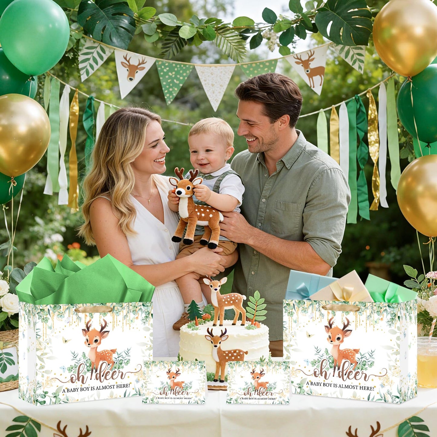 Deer Baby Shower Bag Decorations for Boys Oh Deer Gift Wrap Bag with Wrapping Paper Card Woodland Party Favors A Baby Boy Is Almost Here Goodie Bags for Newborn Kids Birthday Gender Reveal Supplies