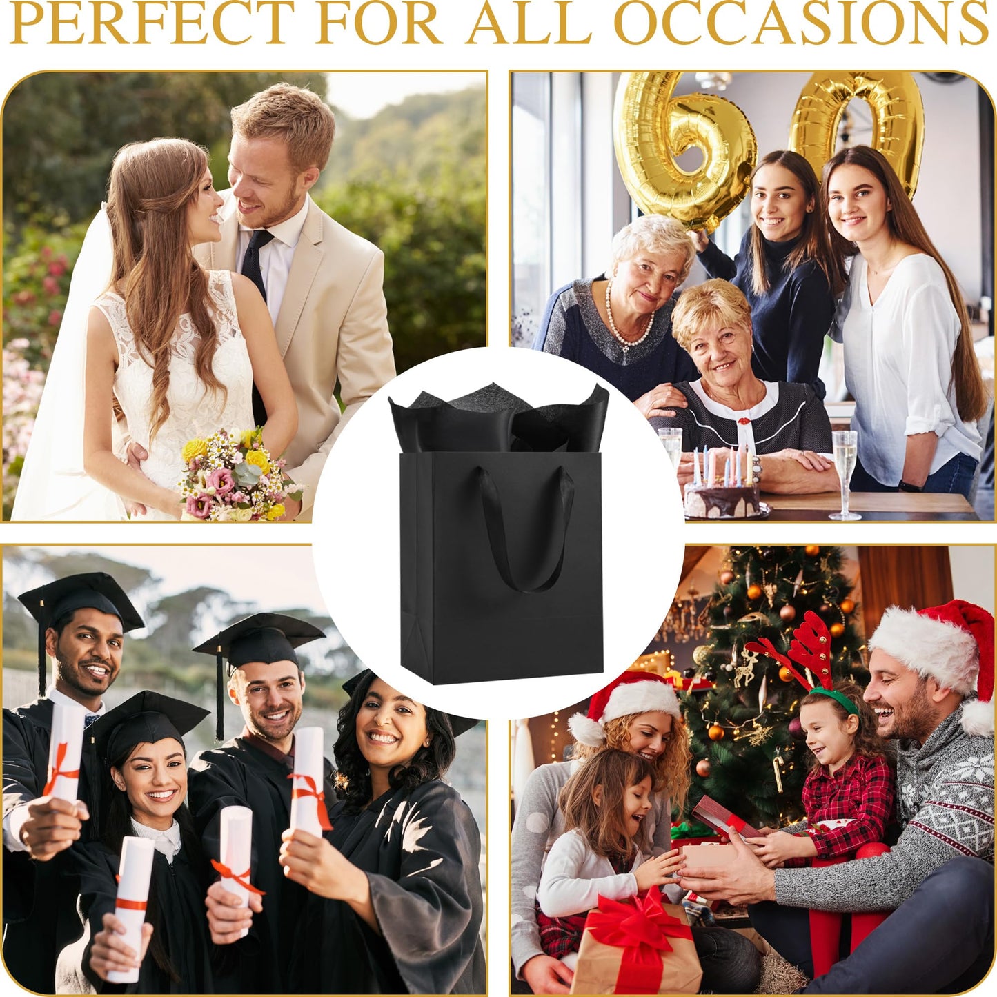 PASEOTA 4 Pack Black Gift Bags with Handles and Tissue Paper, 10" x 8" x 5" Small Black Paper Bags for Men Women Birthday Party Wedding Baby Shower Father's Day (BK-S, 4 Pcs)