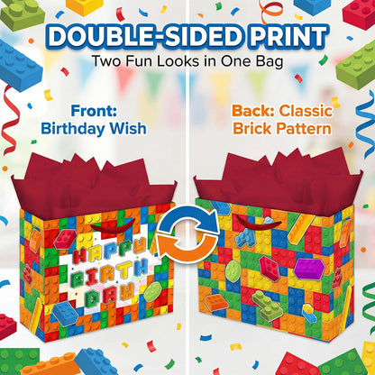 Elunpoe Building Brick Birthday Gift Bag Set with Matching Card & Red Tissue Paper, Colorful Block-Themed Happy Birthday Present Bag for Kids Boys Girls, School Favors, Party Gift Wrap Supplies, 13" x 4.9" x 10.2"