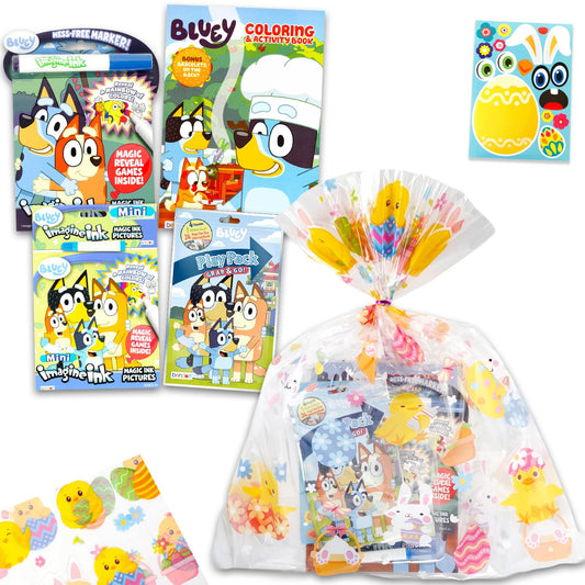 Bluey Easter Gift Bag Coloring Set - Bundle with 4 Coloring Activity Books, Easter Egg Print Cellophane Bag, Twist Tie, Stickers | Bluey Easter Gift Basket Stuffers