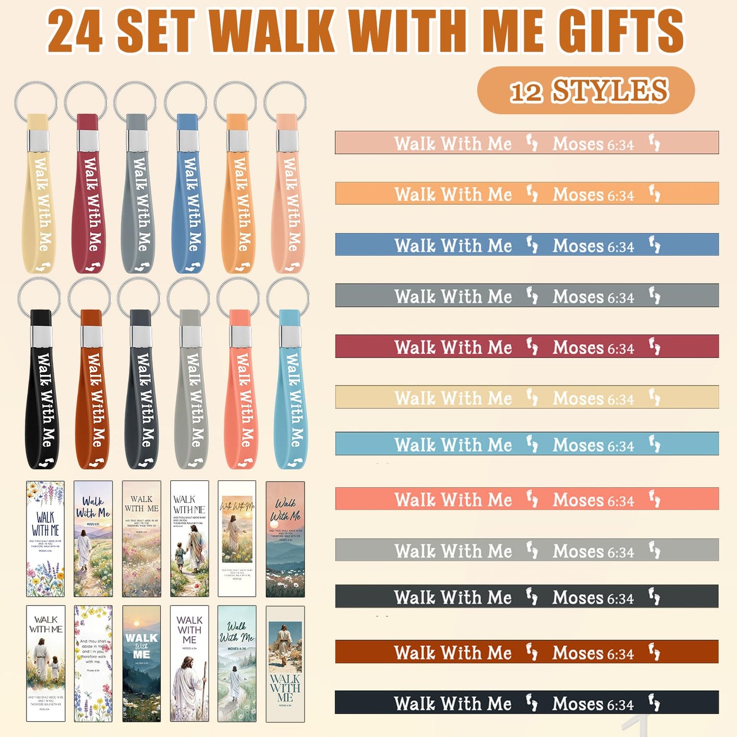 Kenning 24 Sets Walk with Me Keychains with Mormon Youth Theme Bookmarks LDS Missionary Silicone Keychain Bulk Graduation Gift for Coworker Sunday School Pastor Church