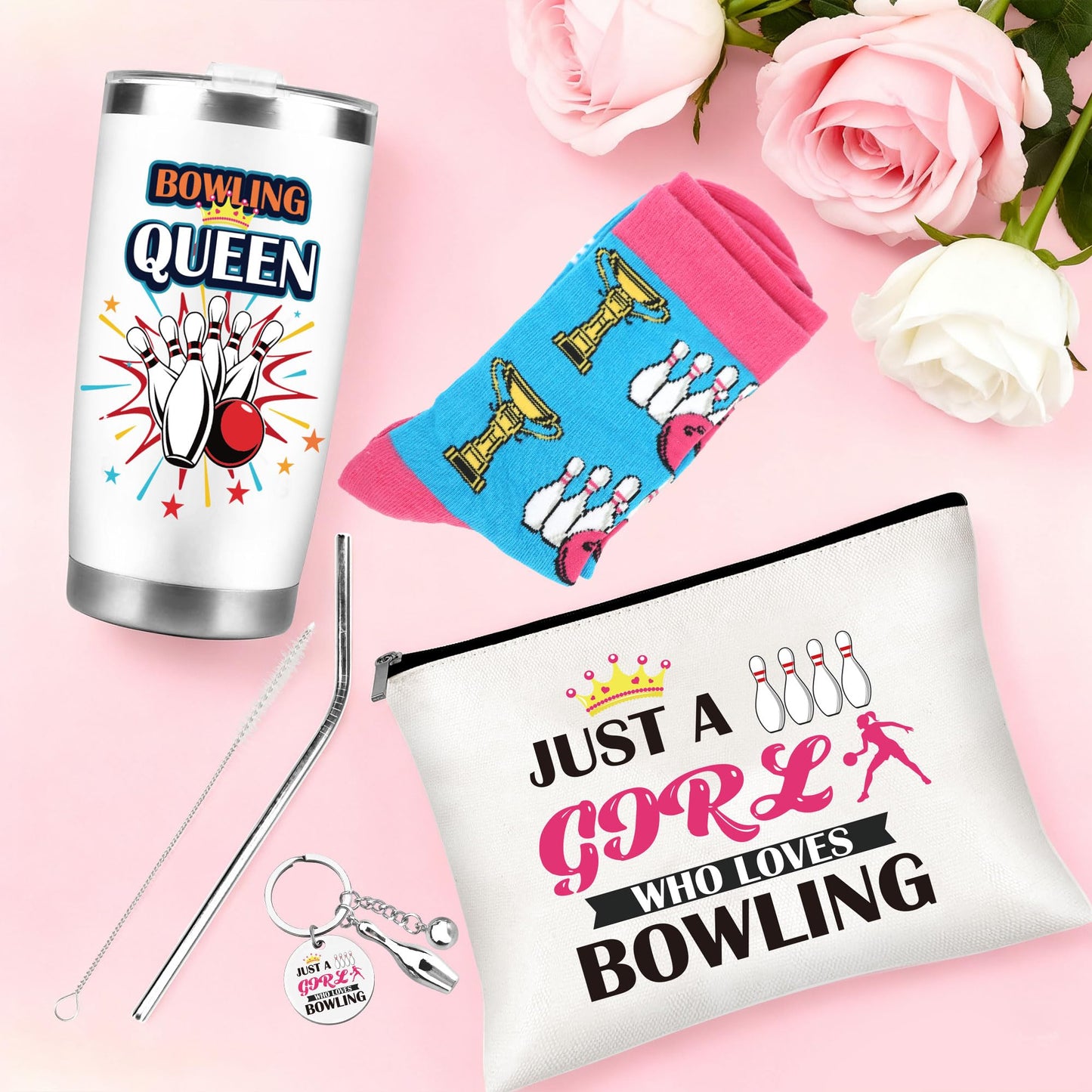 Bowling Gifts for Women Girls, Bowling Ball and Pins 20 oz Tumbler with Lid And Straw, Makeup Bag, Keychain, and Socks, Christmas Birthday Gifts for Bowlers Coach Sports Player