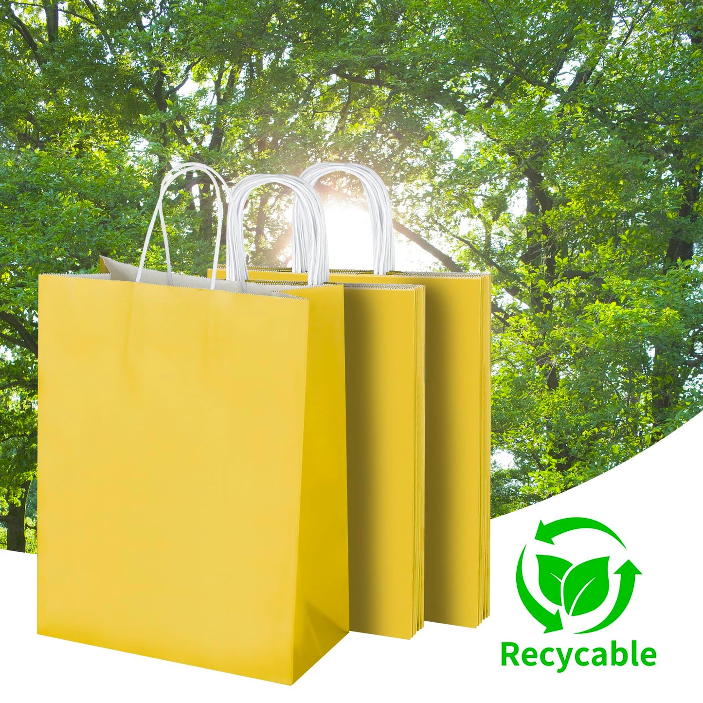 Oikss 50 Pack 10x5x13 Yellow Kraft Paper Bags with Handles Bulk for Birthday Party Favors Grocery Retail Shopping Business Goody Recycled Craft Gift Bags (Large Size, 50 Count)