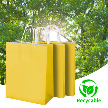 Oikss 50 Pack 10x5x13 Yellow Kraft Paper Bags with Handles Bulk for Birthday Party Favors Grocery Retail Shopping Business Goody Recycled Craft Gift Bags (Large Size, 50 Count)