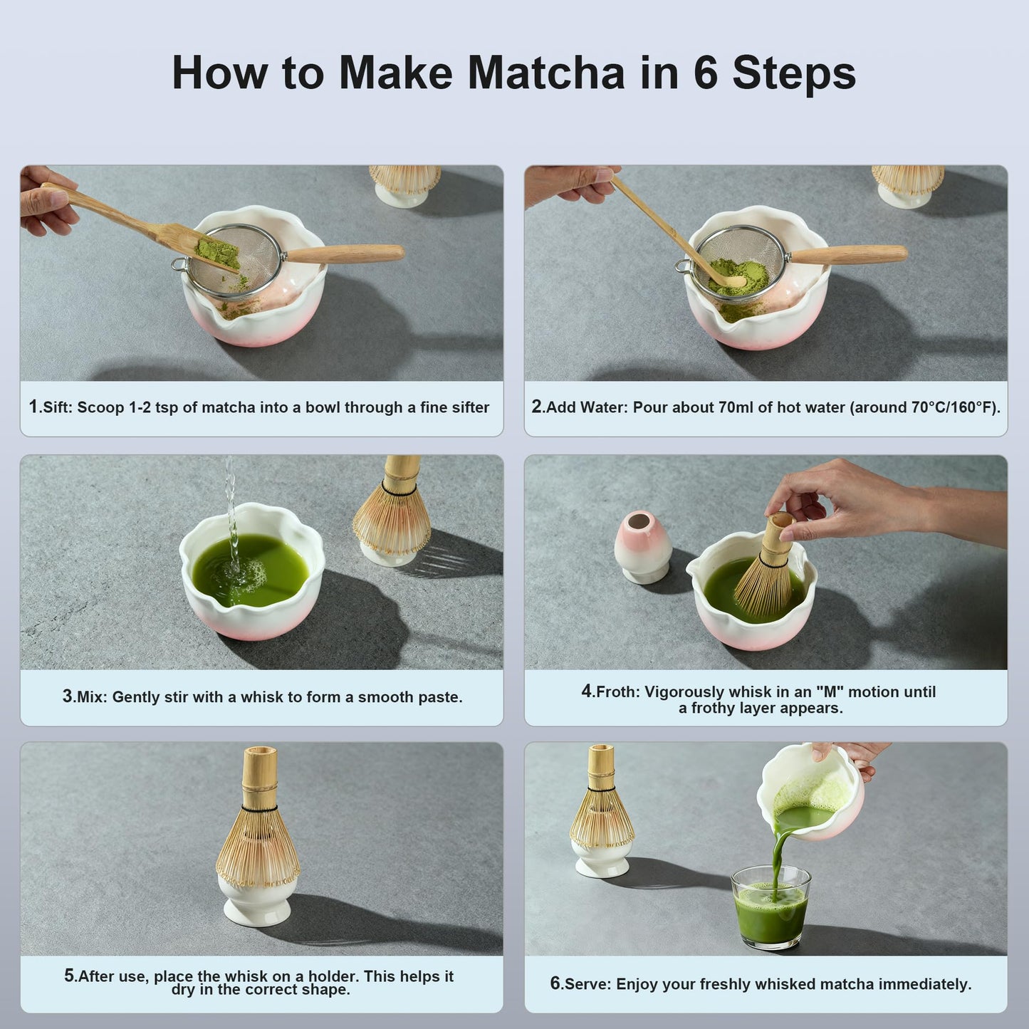 ENVTEK 8Pcs Matcha Whisk Set with Floral Ceramic Matcha Bowl, Wooden-Handled Sifter, Bamboo Whisk, Whisk Holder, Bamboo Scoop, Scoop Rest, Spoon, Tea Towel, Greeting card, Gift for Beginners