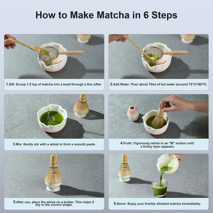 ENVTEK 8Pcs Matcha Whisk Set with Floral Ceramic Matcha Bowl, Wooden-Handled Sifter, Bamboo Whisk, Whisk Holder, Bamboo Scoop, Scoop Rest, Spoon, Tea Towel, Greeting card, Gift for Beginners