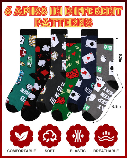 Eurzom 6 Pairs Funny Casino Crew Socks for Men Women Novelty Poker Dice Pattern Sock Mom Father Birthday Gift Casino Lover