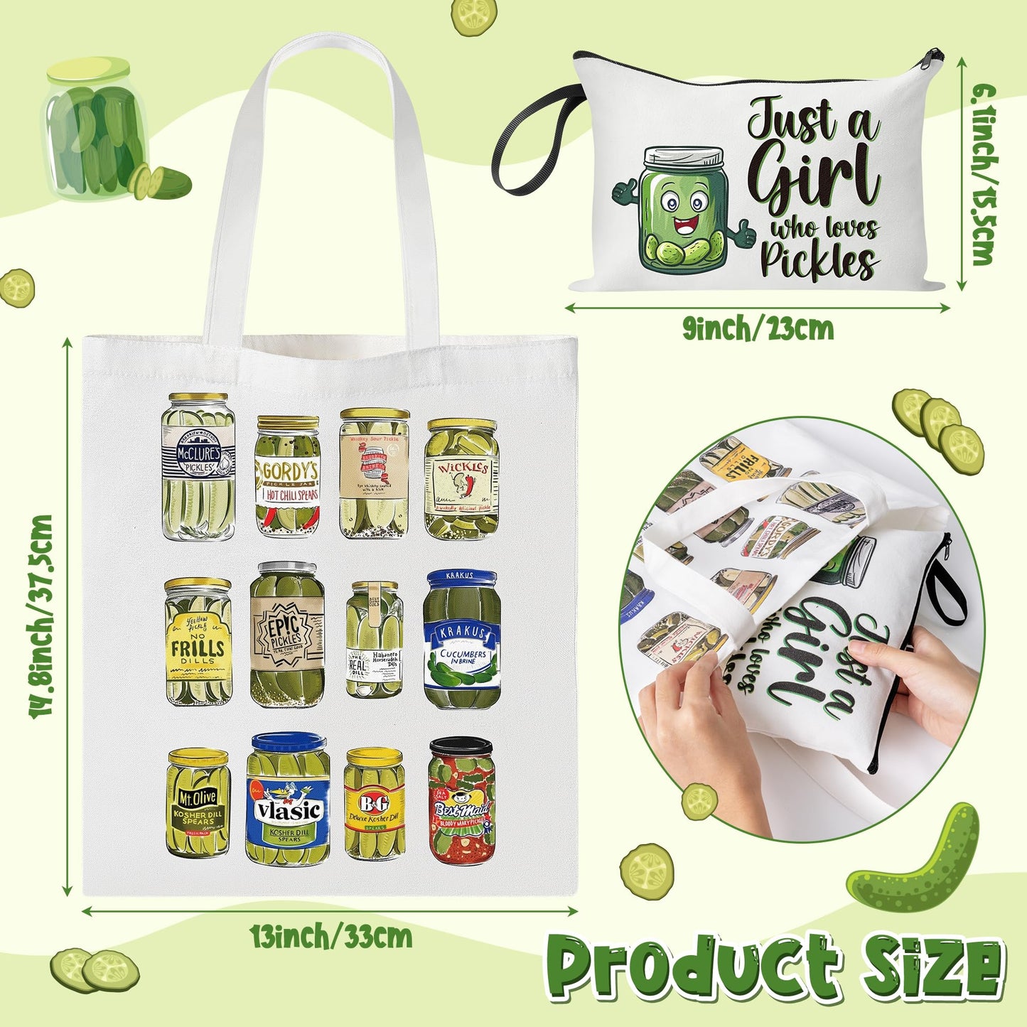 laffact Pickle Jar Tote Bag - Canned Pickles Canvas Handbag Gift Alphabet Merchandise Cotton Shoulder Tote Bag Makeup Bag for Shopping Gym Women Pickled Food Enthusiasts Lover Birthday Christmas