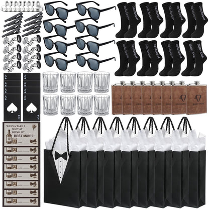 80 Pcs Groomsmen Gifts Set of 8,Groomsmen Proposal Box Gifts with Flasks Shot Glasses Socks Cuff Collar Clip Sunglasses Bottle Opener for Wedding Grooms Men Best Man Bachelor Party Favors