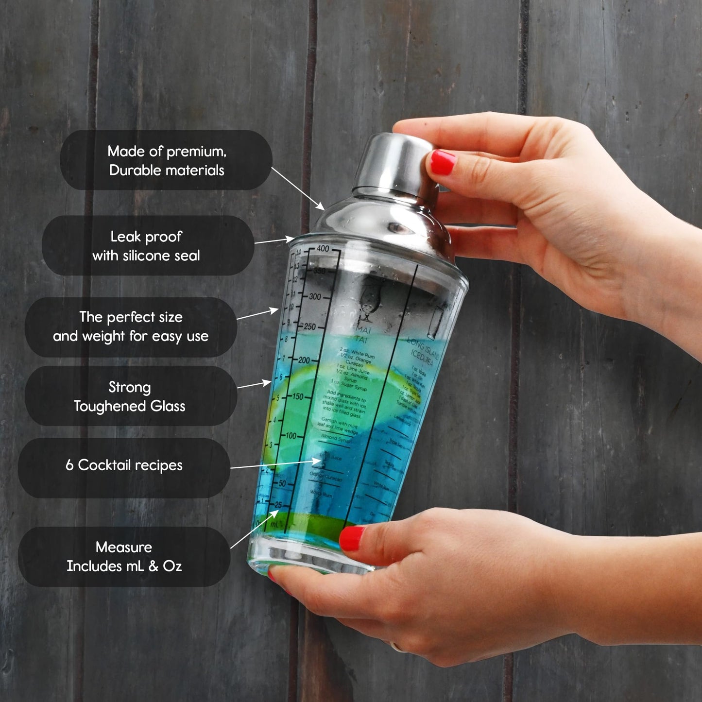 EVERYDAY COCKTAIL - Professional Glass Cocktail Shaker 14 oz, Martini Shaker with Recipes and Measurements, Built-in Strainer and Leakproof Seal, Clear Bar Tool for Margaritas, Martinis