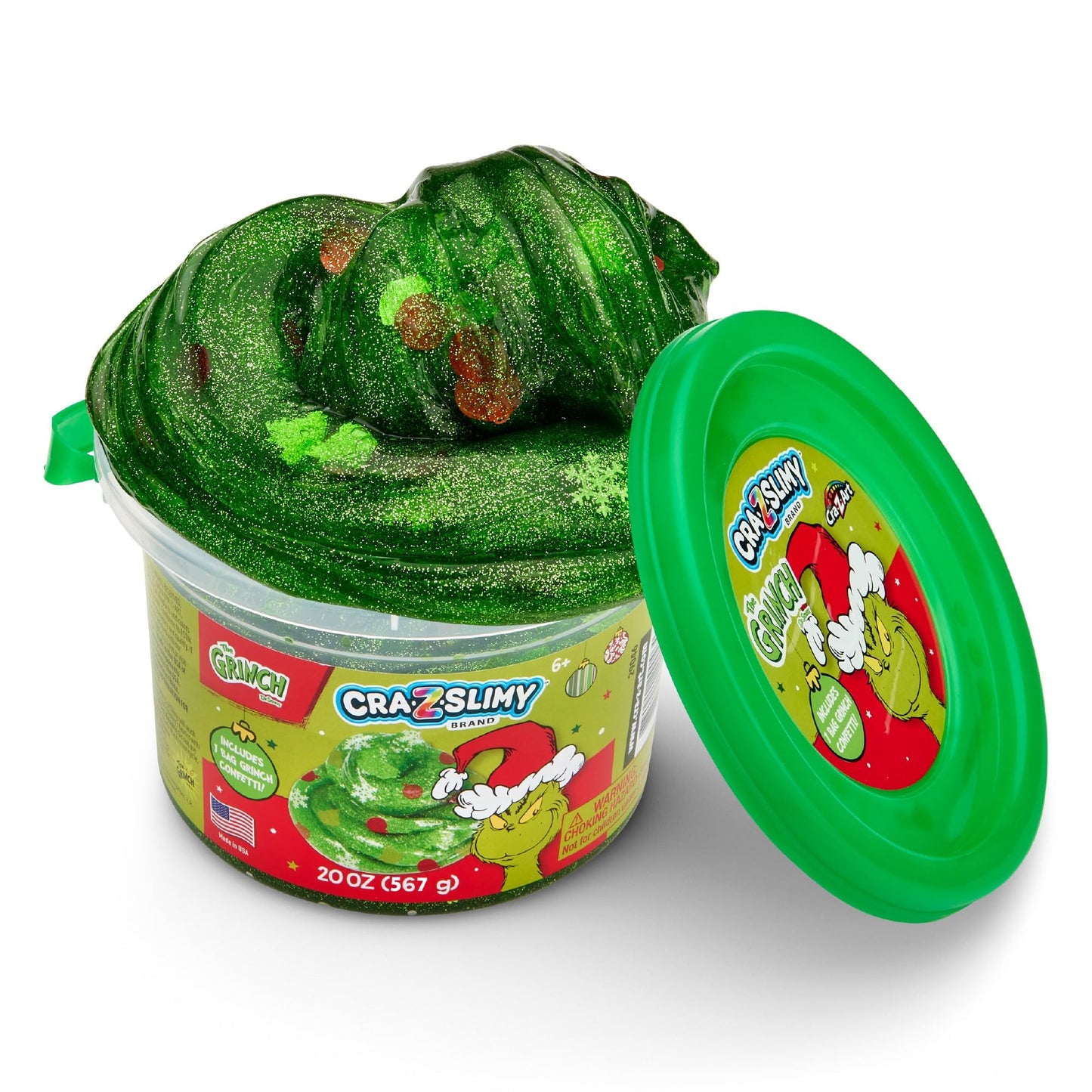 CRA-Z-Slimy The Grinch Green Glitter Slime Tub, 20 oz – Includes Festive Grinch Confetti, Stretchy Holiday Slime for Kids Ages 6+, Sensory Christmas Toy