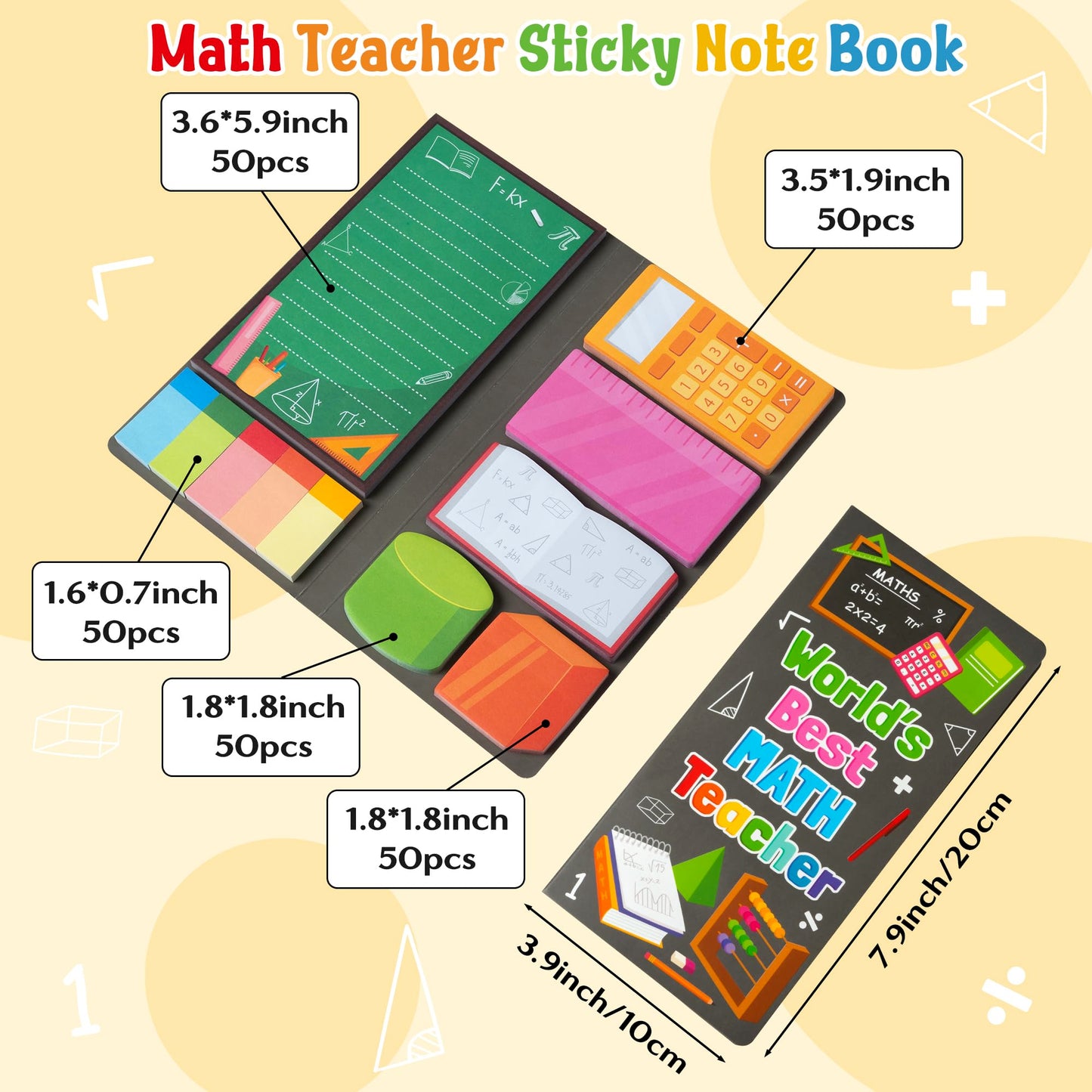 B1ykin Cute Sticky Notes Set - World’s Best Math Teacher Self-Stick Notes Pad, 550 Sheets Writing Memo Pages Sticky Notepad for Appreciation Gifts, School Office Party Supplies (Math Teacher)