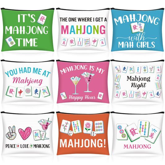 9 Pcs Mahjong Cosmetic Bag Gifts for Women Mahjong Makeup Bag Mah Jong Zippered Pouch for Lover Player Mothers Birthday Party Lucky Mah Jong Gift Coquette Accessories (Styles 1)