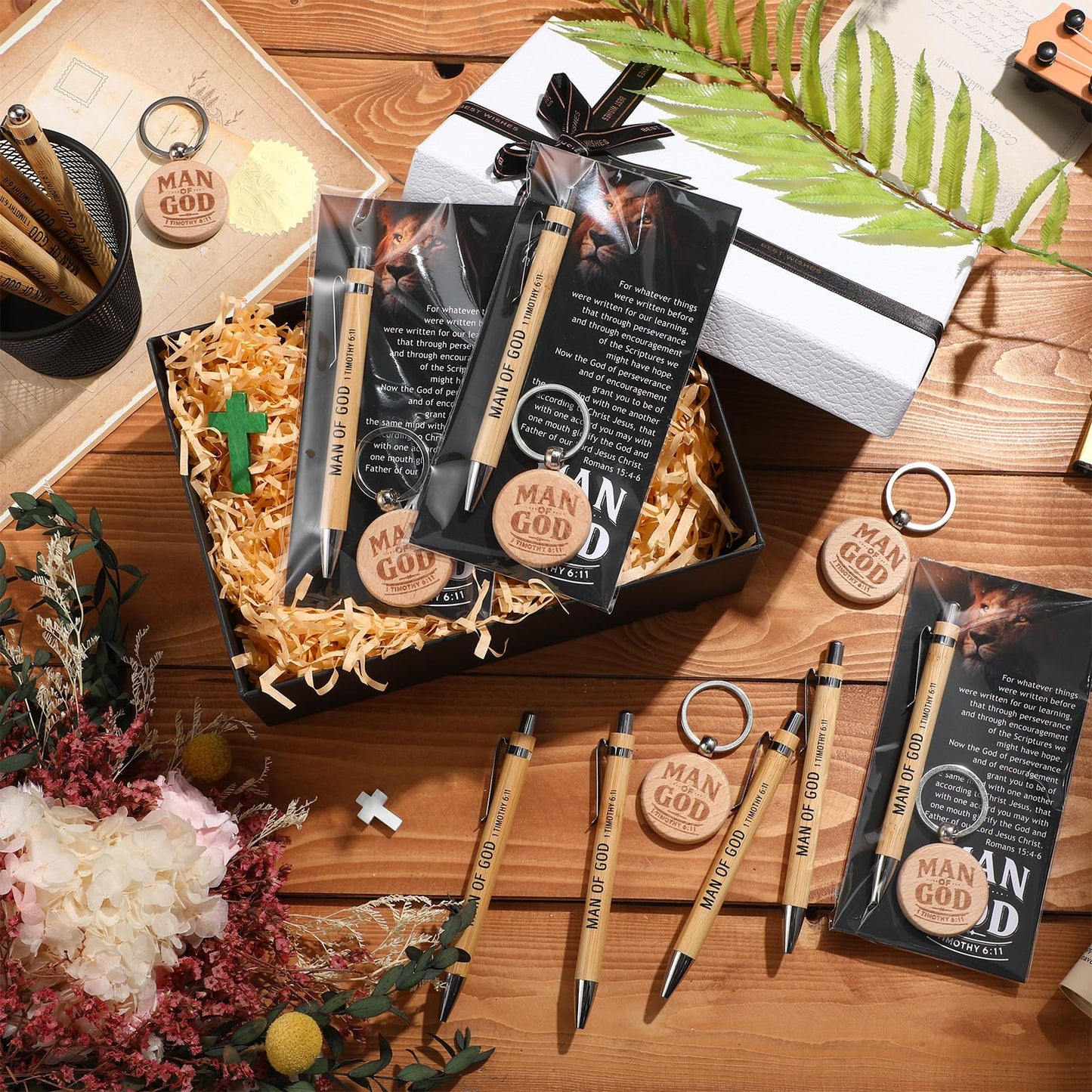 Landical 15 Sets Father Day Man of God Gifts for Men Christian Baptism Gifts, 15 God Keychains 15 Bible Verse Ballpoint Pens 15 Cards Pastor Appreciation Favors for Church Father's Day Supplies