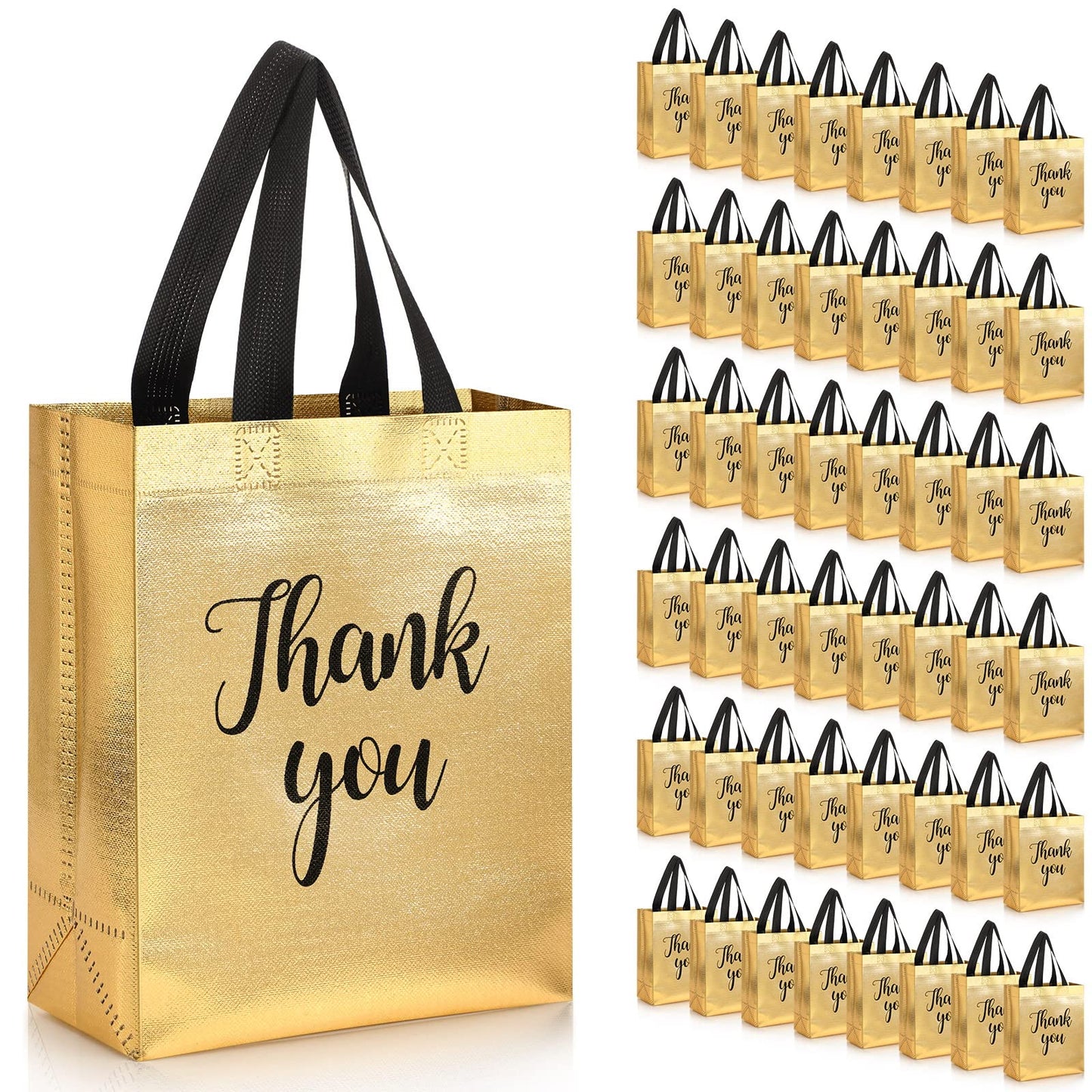 Fumete 50 Pcs Gold Glossy Thank You Gift Bag with Handles 8 x 4 x 10 Inch Non Woven Reusable Gift Bags for Graduation Fathers Day Wedding Birthday Party Engagement Anniversary Holidays
