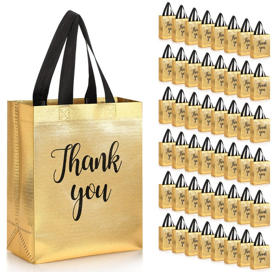 Fumete 50 Pcs Gold Glossy Thank You Gift Bag with Handles 8 x 4 x 10 Inch Non Woven Reusable Gift Bags for Graduation Fathers Day Wedding Birthday Party Engagement Anniversary Holidays