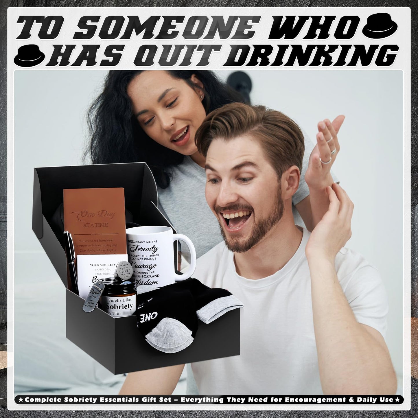 8 Pcs Sobriety Gifts for Men Women Sober Anniversary Present Set Alcoholics Anonymous Gifts Include Mug Socks Candle Journal Pen Sober Card Coin & Keychain Meaningful Sobriety Black Gift Box