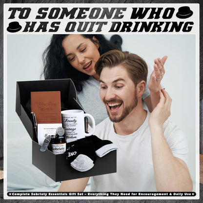 8 Pcs Sobriety Gifts for Men Women Sober Anniversary Present Set Alcoholics Anonymous Gifts Include Mug Socks Candle Journal Pen Sober Card Coin & Keychain Meaningful Sobriety Black Gift Box