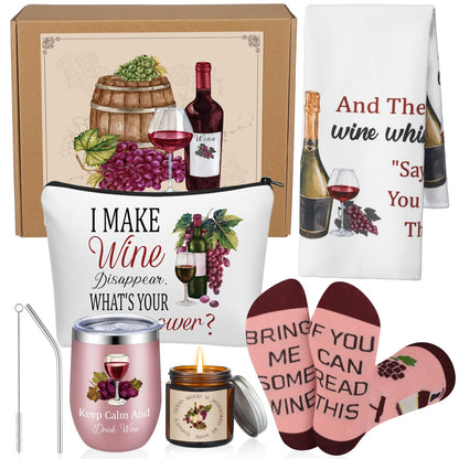 Sieral 7 Pack Funny Wine Mother's Day Gifts Set Include Stainless Steel Tumbler Scented Candle Kitchen Towel Crew Sock Makeup Bag Raffia Gift Box for Wine Lover Mom Sister Friends Coworker