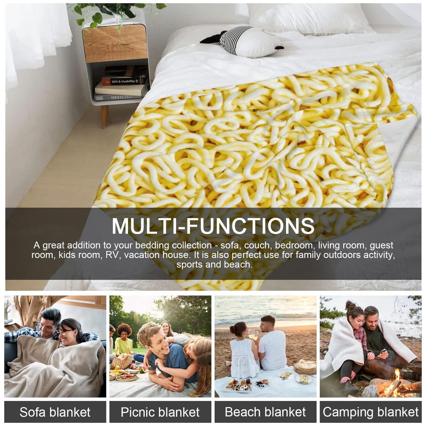 Ramen Noodles Blanket Realistic Food Blanket, Funny Birthday Gifts for Kids, Funny Throw Blanket for Couch Sofa Bed, Food Ramen Gifts 60" X 50"