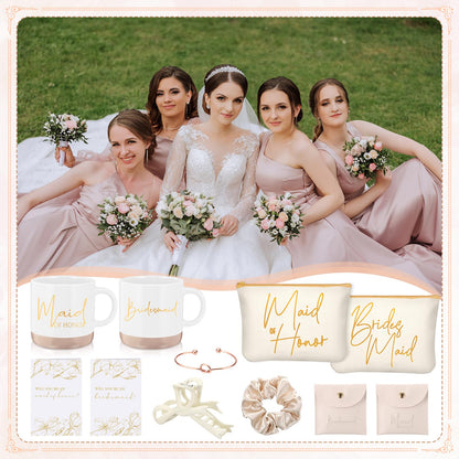 Didaey 42 Pcs 6 Sets Wedding Favors Bridesmaid Proposal Gifts Maid of Honor Ceramic Coffee Cups Cosmetic Makeup Bags Invited Cards Scrunchies Knotted Bracelets Jewelry Bags Hair Claw Clips(Champagne)